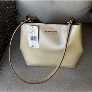 Michael Kors Pratt Medium Bucket Shoulder Bag Pale Gold Saffiano Leather NWT$448